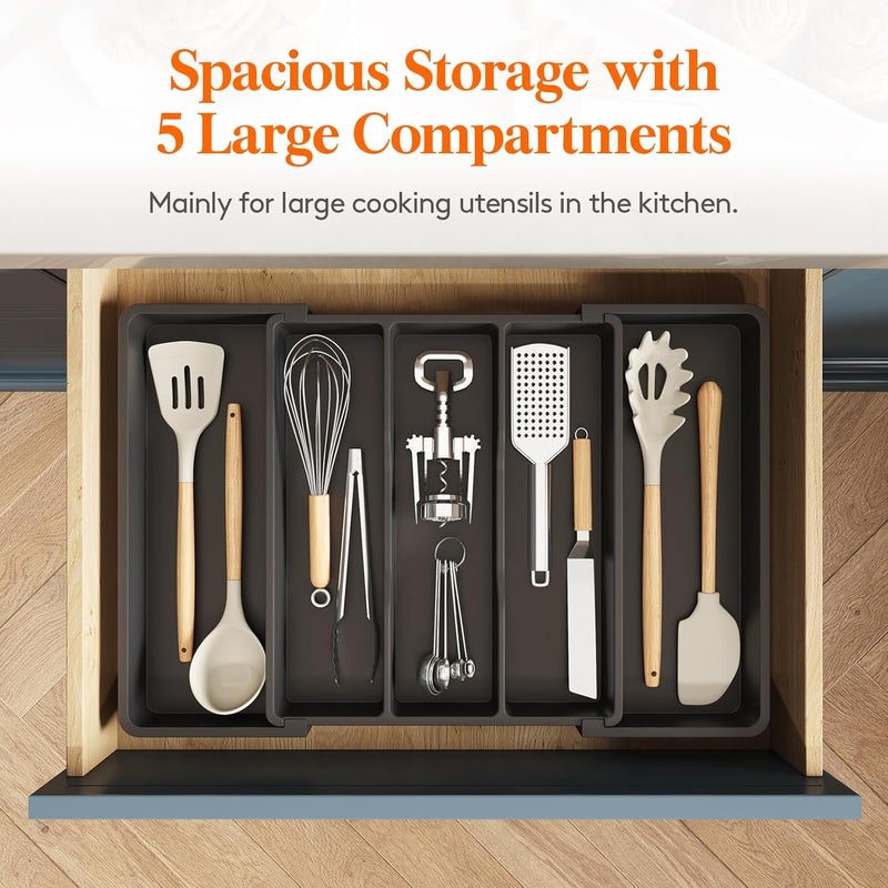 Lifewit Utensil Organizer for Kitchen Drawers, Expandable Cooking Utensil Tray, Adjustable Cutlery Silverware Flatware Holder, Plastic Spatula Tools and Gadgets Storage Divider, Black, 13"-22" x 15" - Image 3